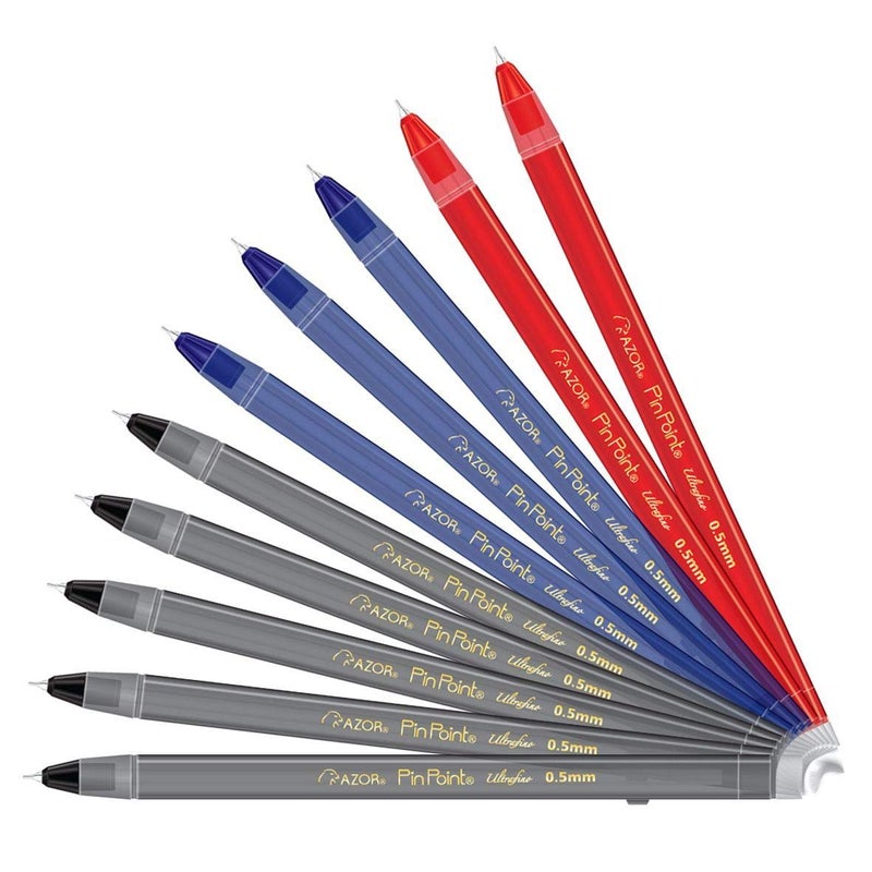 AZOR Pin Point Needle Extra Fine Point Writing Pens 0.5mm Ballpoint Pens Assorted â€“ (10 Pack: 5 Black, 3 Blue, 2 Red) - Image 1